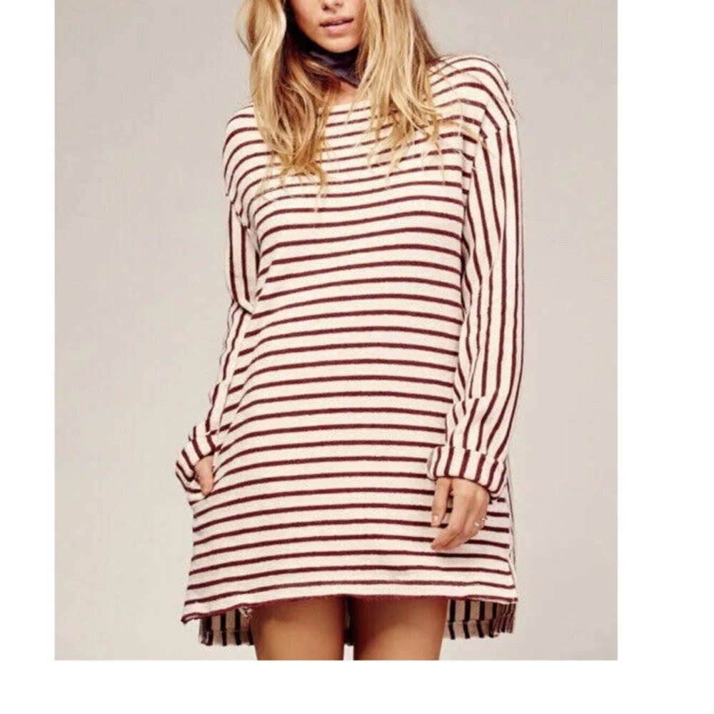 Free People Come On Over‎ White Burgundy Striped Tunic Dress Size Small